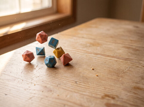 Colorful dice in coral teal and mustard 
frozen mid bounce on bright wooden table 
with copy space