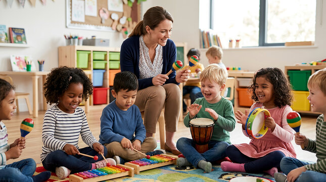 Teacher and diverse preschool children playing musical instruments together in classroom