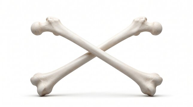 Two real human femur bones crossed like an x shape isolated on a clean surface for medical science study