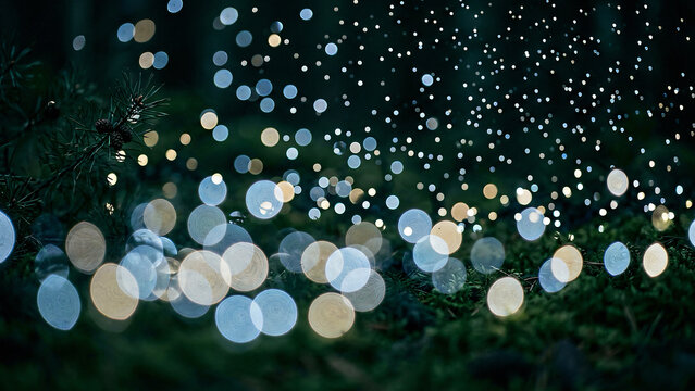 Pine needles near blurred candle flames rendered as round sparkling bokeh orbs