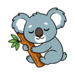 Halftone sleepy koala hugging a tree branch. Dotted style illustration of a relaxed koala with leaves. © Fhatoni
