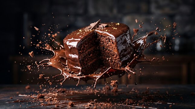 Delicious layered chocolate cake with an explosion of liquid chocolate splash on a dark rustic background