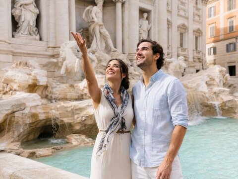 Gl&uuml;ckliches Paar beim Sightseeing am Trevi-Brunnen in Rom. Die Reisenden genie&szlig;en gemeinsam italienische Architektur, Kultur und einen sonnigen St&auml;dtetrip in der Ewigen Stadt.