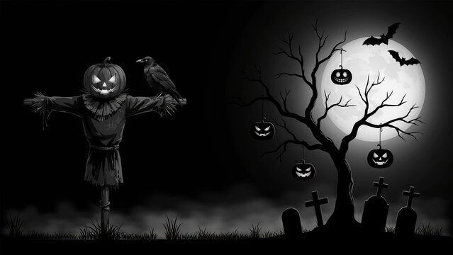 Dark Halloween Graveyard Banner with Pumpkin Head Scarecrow Spooky Tree and Full Moon