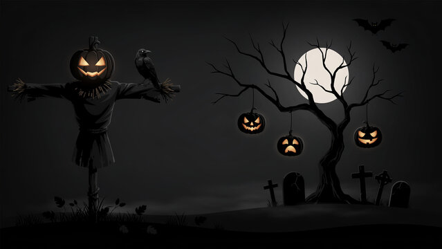 Dark Halloween Graveyard Banner with Pumpkin Head Scarecrow Spooky Tree and Full Moon