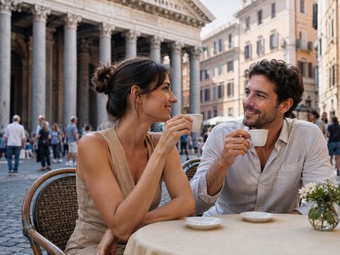 Junges Paar trinkt Espresso in einem Stra&szlig;encaf&eacute; nahe dem Pantheon in Rom. Das romantische Reisemotiv zeigt italienische Kaffeekultur, Genuss und historischen Stadturlaub.