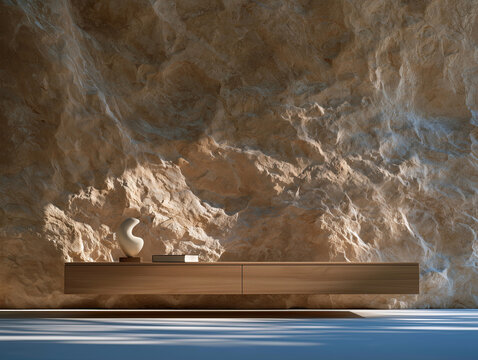 Floating wood sideboard against dramatic natural rock wall in luxury minimalist interior