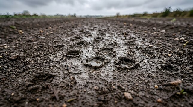 Close up of deep tractor tire tracks in muddy field soil with tractor marks soil texture agricultural land wet earth wheel tracks wet ground arable land agriculture sector rural landscape