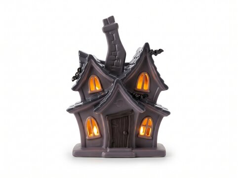 Black spooky haunted house decoration with glowing orange windows for a fun and festive halloween party display