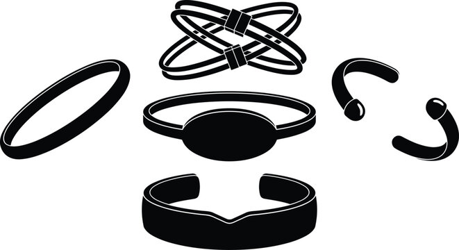 Black vector set of women jewelry bracelets featuring cuff open bangle oval centerpiece and crossover band elements isolated on white background