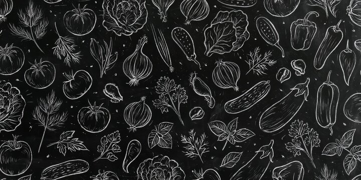 White chalk-style illustrations of fresh vegetables and herbs on a black background, creating a rustic, hand-drawn pattern with organic textures and natural elements.