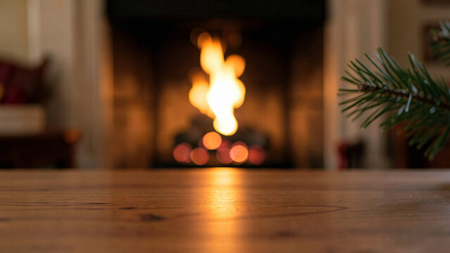 Warm empty a smooth walnut table top as a clear fireplace hearth stage