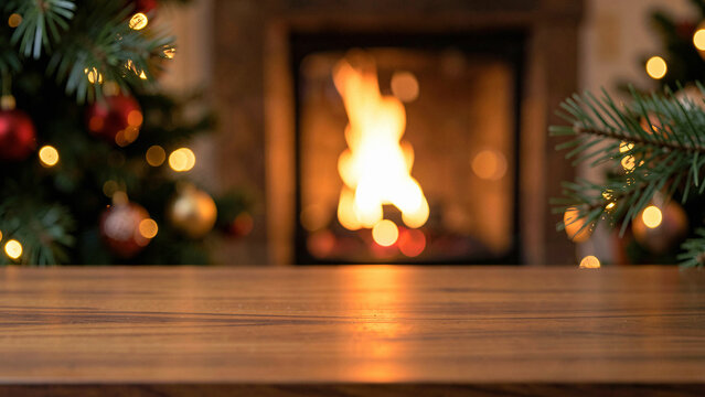 Autumn empty a smooth walnut table top as a clear fireplace hearth setting