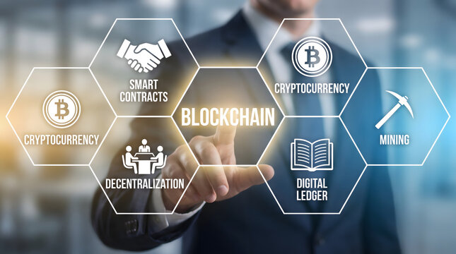 Investor operates a futuristic digital blockchain and cryptocurrency ledger display in an office.
