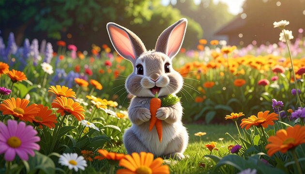 Cute bunny holding a carrot in a flower field