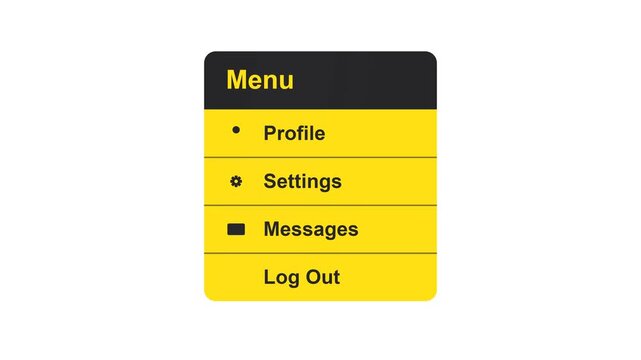 Minimalist Yellow and Black UI Menu List with Profile Settings and Logout Options for App Interface Design
