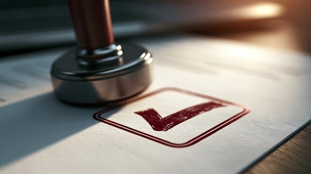 Rubber stamp with red check mark on document. Approved contract with tick symbol. Official validation of paperwork.