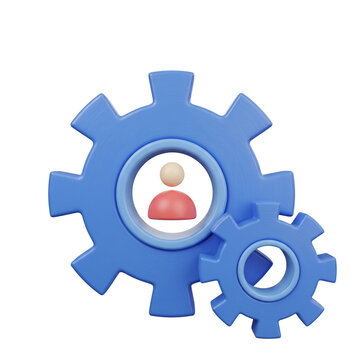 Blue gears and cogs icon with a white and red human avatar, symbolizing user management or profile settings.