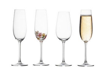 Fototapeta premium Four champagne glasses with drink and colorful candies isolated on transparent background