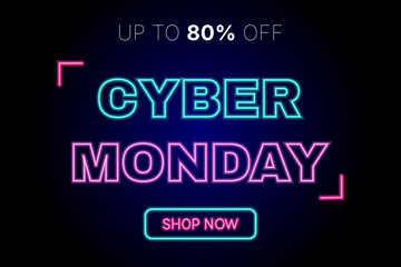 Fototapeta premium Cyber monday modern neon backdrop template text on dark blue background. Cyber monday mega sale.Sale banner.Discount poster for advertising, marketing, social media.Vector illustration.