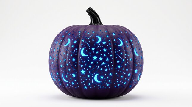 A carved black pumpkin with glowing blue moon and star shapes for a fun and magical halloween holiday party