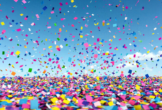 Bright colorful confetti explosion filling the sky with vibrant celebration and festive joyful atmosphere
