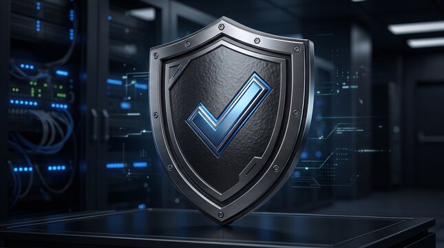 Digital Security Shield: A metallic shield with a glowing blue checkmark emblem stands as a symbol of cybersecurity and data protection, set against a backdrop of server racks in a modern data center.