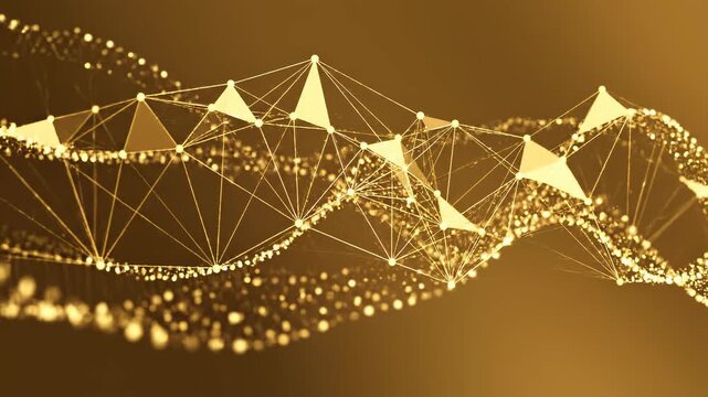 Golden digital network waves flowing with luminous nodes and triangular particles in a dark background