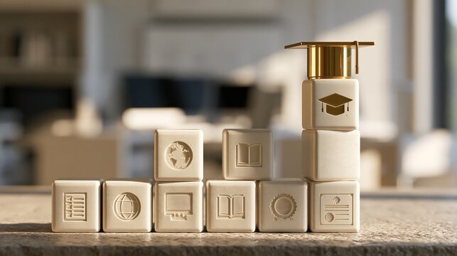 Educational growth concept with wooden blocks, graduation cap on rising bar chart, academic success and career path