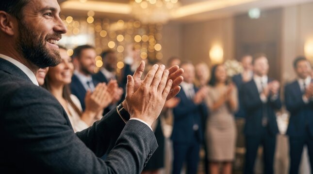 Colleagues giving a standing ovation to an awarded team member with a blurred background and copy space.