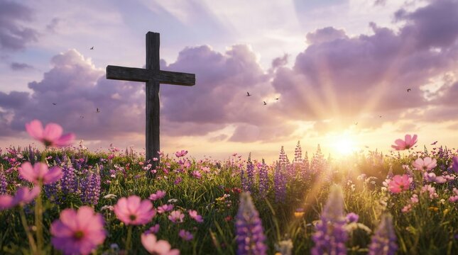 Christian cross on beautiful spring field with flowers at sunrise for Resurrection of Jesus and crucifixion concept.