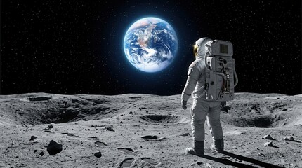 Obraz premium An astronaut stands on the moon's surface, looking at Earth above in the black, starry sky