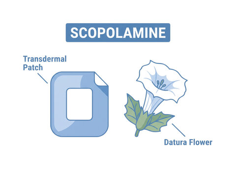 Scopolamine medical vector infographic displaying a transdermal patch and a datura flower illustration isolated on a transparent background.