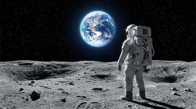An astronaut stands on the moon's surface, looking at Earth above in the black, starry sky