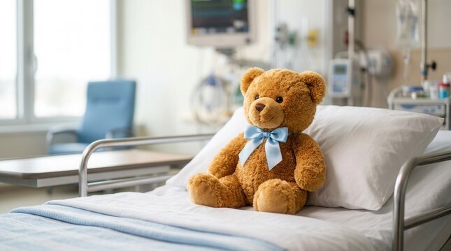 Cute teddy bear toy on a patient bed in a hospital room for a young patient.
