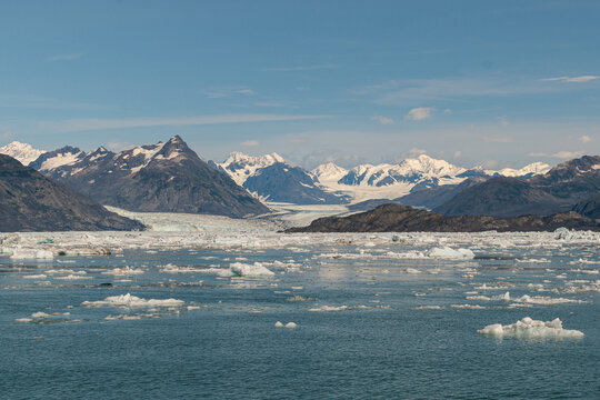 Columbia glacier and ocean with icebergs in Valdez, Alaska on Prince William Sound