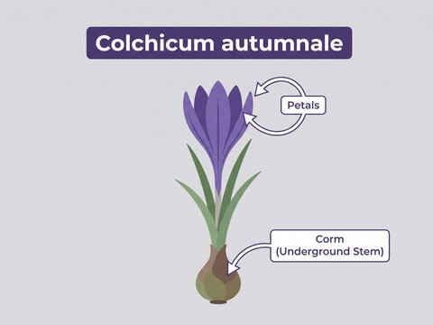 Colchicum autumnale botanical diagram illustrates the purple flower petals, green leaves, and underground stem corm on a solid neutral background.