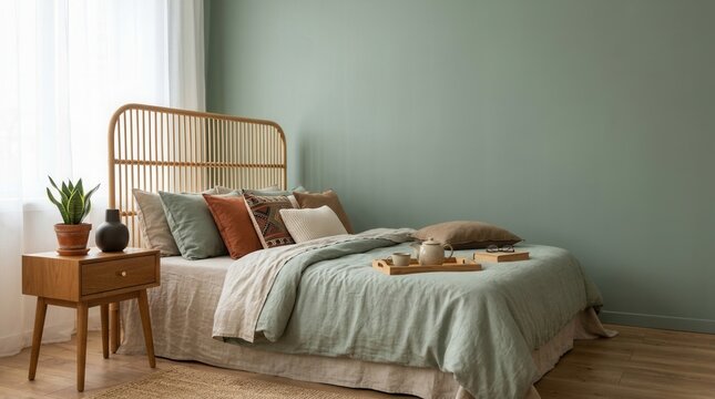Creative bedroom interior composition with boho style bed, night table, home decorations, and personal accessories against a eucalyptus wall template with copy space.