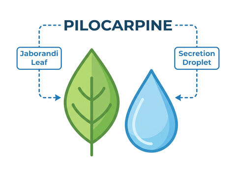 Pilocarpine chemical diagram illustrates a green Jaborandi leaf and blue secretion droplet connected by dashed educational arrows.