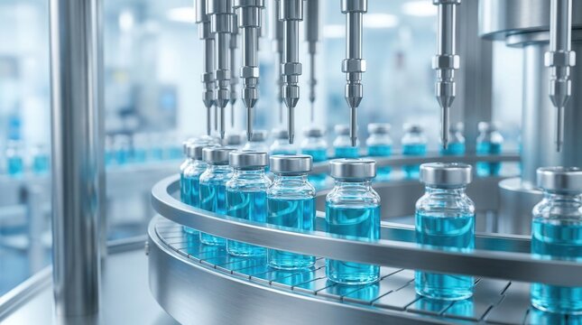 Close-up of numerous medical vials in a pharmaceutical manufacturing line