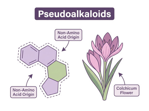 Pseudoalkaloids scientific infographic explaining the non-amino acid chemical structure alongside a purple colchicum autumnale flower vector.