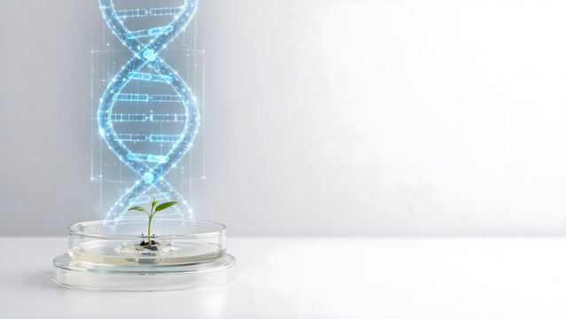 Sprout in petri dish under rising dna hologram on white for genetic modification campaign visual