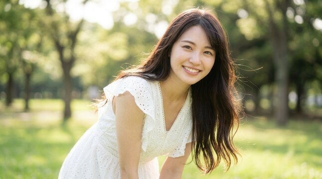 Adult woman in a white dress smiling and leaning forward in a green park