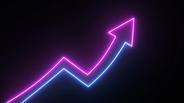 Neon line graph ascending with arrow in dark backdrop during digital growth concept