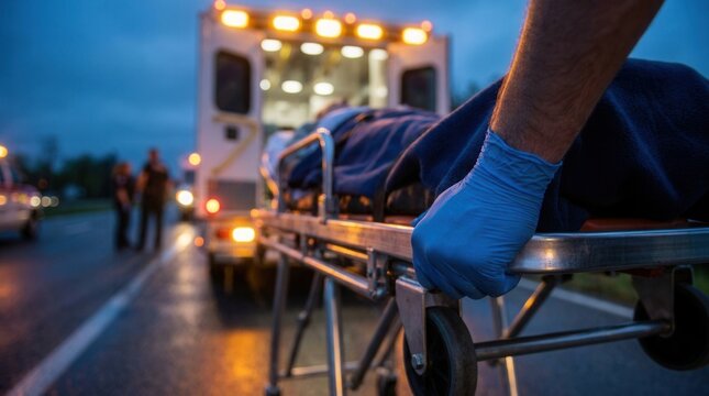 Paramedic's hands in blue medical gloves pushing a wheeled stretcher with a patient covered in a blanket toward open ambulance doors.