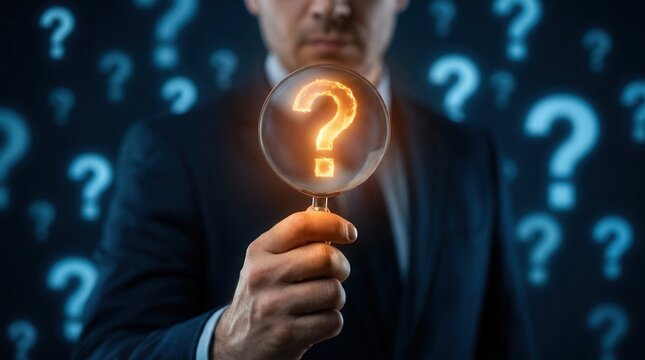 A magnifying glass with a glowing question mark revealing mystery and uncertainty