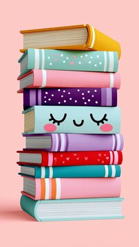 A colorful stack of books with playful designs, including one with a cute smiling face, set against a soft pink background in a cheerful, whimsical style.