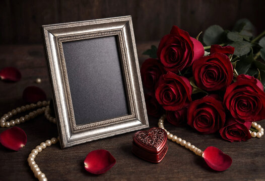 Elegant silver photo frame with red roses pearl necklace and heart box arrangement on wooden table