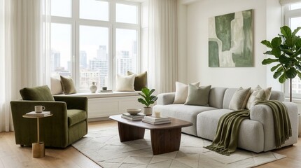 Fototapeta premium An inviting modern sanctuary featuring a bright, cozy living room with natural light, lush plants, and soft textures.
