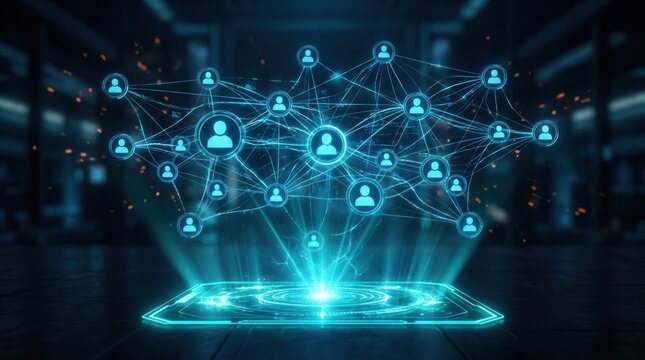 Floating hologram composition of glowing AI agent icons orchestrating tasks across chat data calls and content above a clean bright platform.